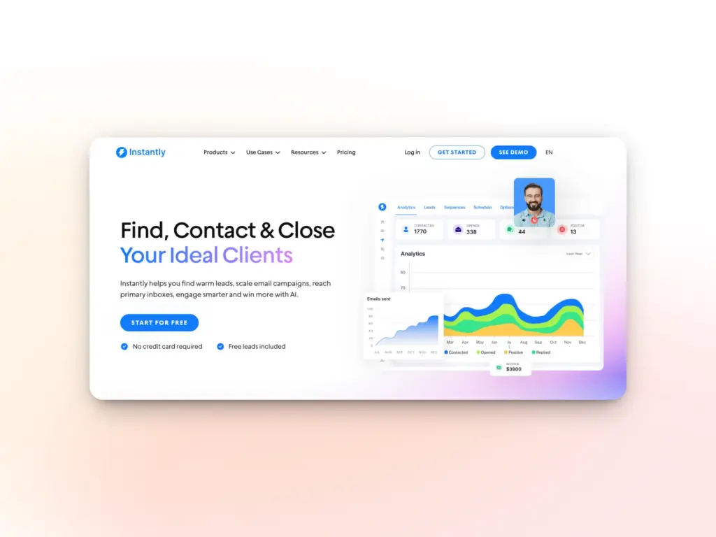 A website homepage for Instantly features the headline Find, Contact & Close Your Ideal Clients with a Start for Free button, analytics charts, and a user profile photo on a clean, modern interface—ideal for those seeking Mailforge alternatives.