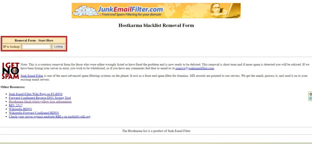 Screenshot of the Hostkarma blacklist removal form webpage, displaying a simple interface with a search box for IP or hostname lookup, a Lookup button, and some informational text about blacklist removal.