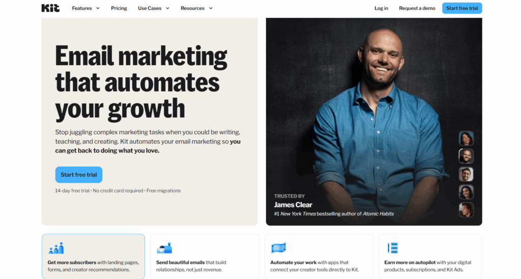 Screenshot of the Kit website homepage featuring a headline on email marketing automation, a smiling man seated with arms crossed, client testimonials, and navigation buttons for features, pricing, and a free trial.