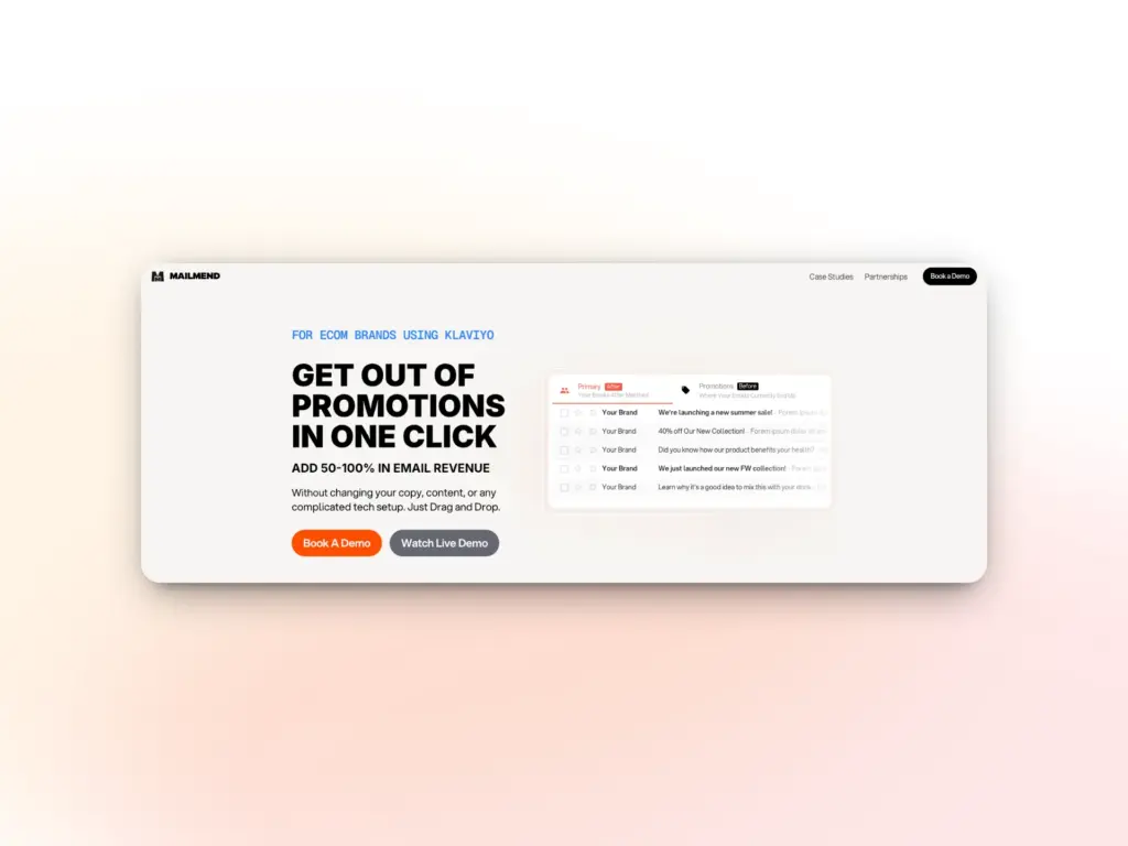 A website landing page offering email marketing services, featuring the headline Get out of promotions in one click and buttons for booking or watching a live demo. Discover powerful mailmend alternatives with an email tool interface screenshot on the right.