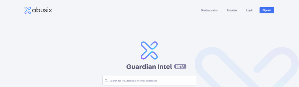 Abusix Mail Intelligence: Guía para eliminar tu IP de la lista negra 6 Abusix Guardian Intel webpage with logo, navigation links (Service status, About us, Log in, Sign up), a search bar for IPs, domains, or email addresses, and a large stylized logo in the background.