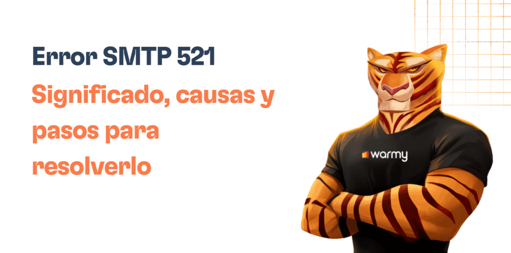 A confident anthropomorphic tiger in a black warmy t-shirt stands beside the text Error SMTP 521 Significado, causas y pasos para resolverlo, highlighting solutions for Error SMTP 521 on a white background with an orange grid pattern in the top right corner.