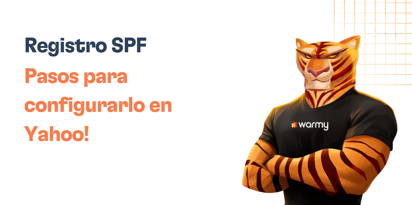 Illustration of an anthropomorphic tiger in a Warmy t-shirt, arms crossed. The text "Registro SPF: Pasos para configurarlo en Yahoo!" appears on a white background.
