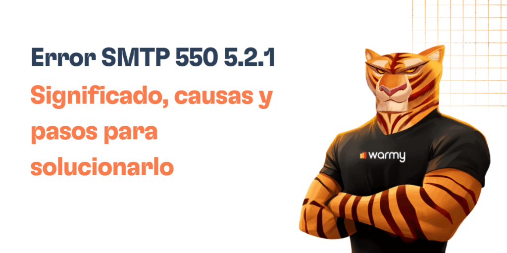 Anthropomorphic tiger in a black Warmy t-shirt stands with crossed arms. Text reads: Error SMTP 550 5.2.1—significado, causas y pasos para solucionarlo—on a white background with orange grid lines.