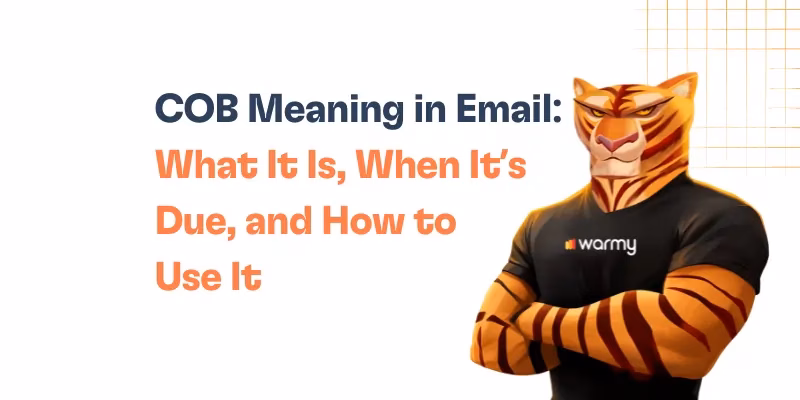 An illustrated tiger in a black warmy shirt stands with folded arms beside the text: COB meaning in email—what it is, when it’s due, and how to use it. A grid pattern appears in the top right corner.
