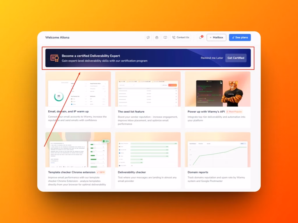 A website dashboard with a dark blue banner at the top promoting a deliverability expert certification, featuring two buttons labeled Remind me later and Get Certified. Several resource cards are displayed below.