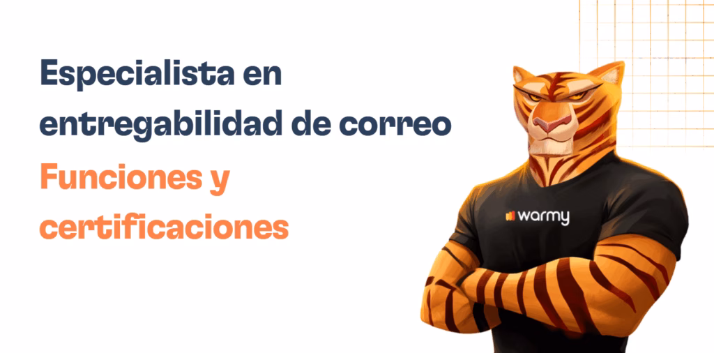 Illustration of an anthropomorphic tiger in a black warmy t-shirt, arms crossed. Spanish text: Especialista en entregabilidad de correo. Funciones y certificaciones. Geometric orange grid enhances the entregabilidad theme in the background.
