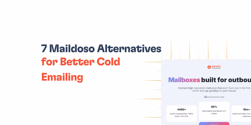 A graphic featuring the text 7 Maildoso Alternatives for Better Cold Emailing appears beside a partially visible webpage titled Mailboxes built for outbou.... Blue, red, and orange accents highlight the search for the best maildoso alternatives on a white background.