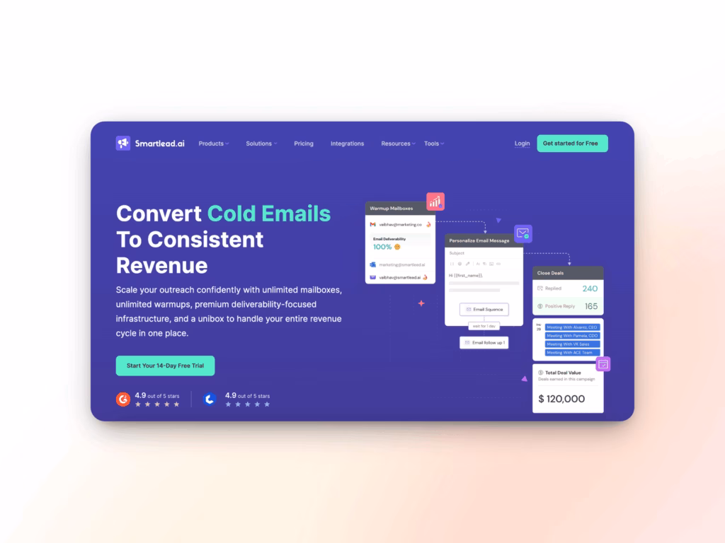 A website homepage for Smartee.ai showcases a headline Convert Cold Emails To Consistent Revenue, compares maildoso alternatives, and features a call-to-action button, detailed descriptions, and colorful email analytics graphics on a purple background.