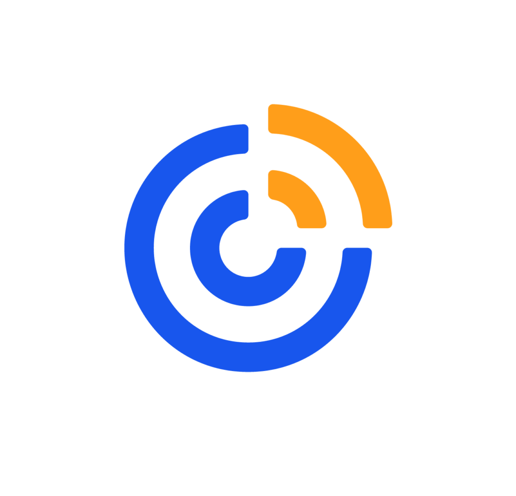 A circular abstract logo with blue and orange segmented arcs forming concentric rings on a light gray background. The blue arcs create a partial circle, while the orange arcs form a smaller segment on the top right.