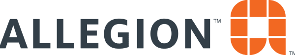 Allegion logo with the company name in bold, dark gray letters and an orange geometric symbol resembling a padlock or keyhole on the right.