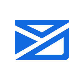 A blue and white stylized envelope icon, with a diagonal stripe cutting across it, on a light gray background.