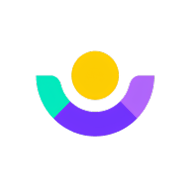 A yellow circle above a curved, segmented shape in teal, purple, and violet on a light gray background, forming a minimalist abstract logo.