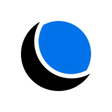 A blue circle with a black crescent shape overlapping its left side, forming a stylized, modern graphic on a light gray background.