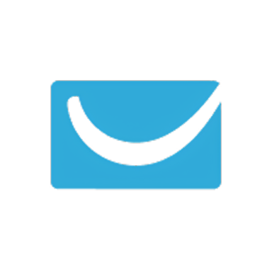 A blue rectangle with a white curved line inside, resembling a stylized smile or envelope flap, on a light gray background.