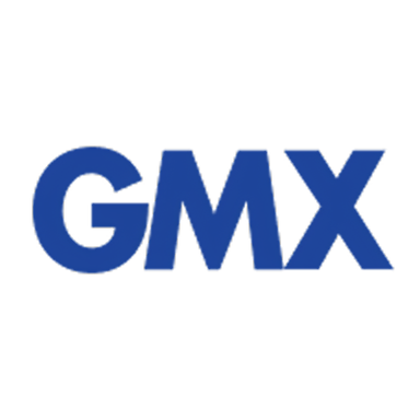 The image shows the GMX logo, featuring the bold, blue letters GMX on a light gray background.