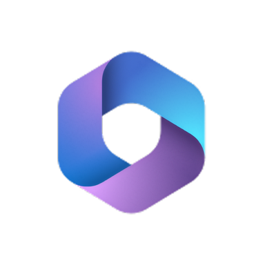 A hexagonal logo with a gradient ribbon design in shades of blue and purple, forming an open center on a light gray background.