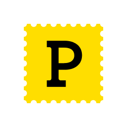 A bold black letter P centered on a yellow background with a postage stamp-like jagged border.