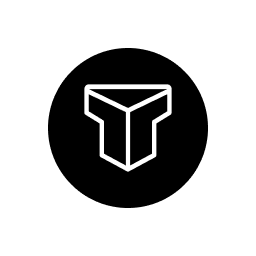 A bold, white geometric T-shape icon outlined in black, centered within a solid black circle on a light gray background.