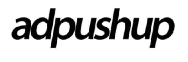 The image shows the adpushup logo in bold, black lowercase letters on a light gray background.