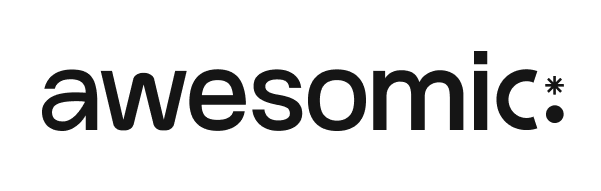 The image displays the word awesomic in bold, black lowercase letters on a light gray background, with an asterisk and a dot following the final letter.