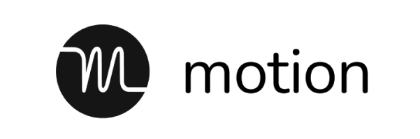A black circle with a white squiggly line resembling the letter M, next to the word motion in lowercase black text on a light gray background.