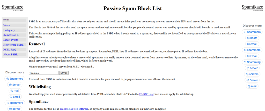 Screenshot of the Passive Spam Block List (PSBL) website, displaying sections for removal, whitelisting, and information about PSBL. Navigation links and search boxes are visible on a simple white interface.