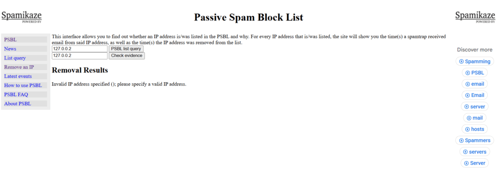 A website titled Passive Spam Block List with search options for IP addresses and buttons for queries. The page displays a Removal Results section showing Invalid IP address and a sidebar with related links.