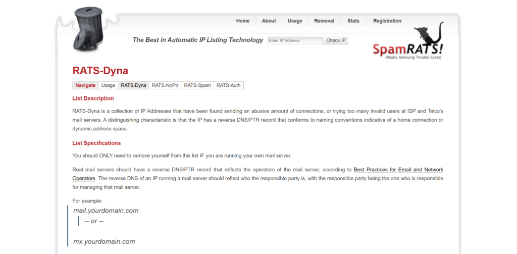 A website page for RATS-Dyna, an IP listing tool by SpamRATS, describes its use for blocking mail from dynamic IPs and provides usage instructions, a navigation bar, and sample email addresses.