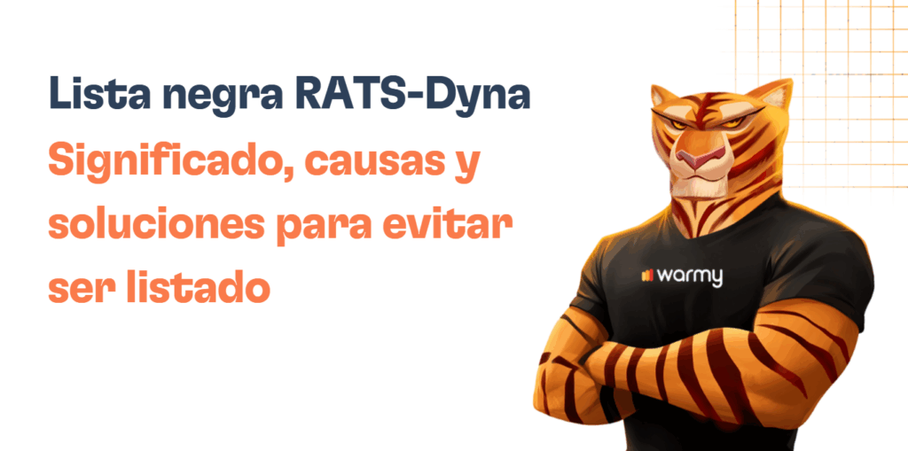 Cómo salir de la lista negra RATS-Dyna y recuperar tu entregabilidad 2 Illustration of an anthropomorphic tiger in a black warmy t-shirt, standing with crossed arms beside bold Spanish text explaining the Lista negra RATS-Dyna, its meaning, causes, and solutions to avoid being listed.