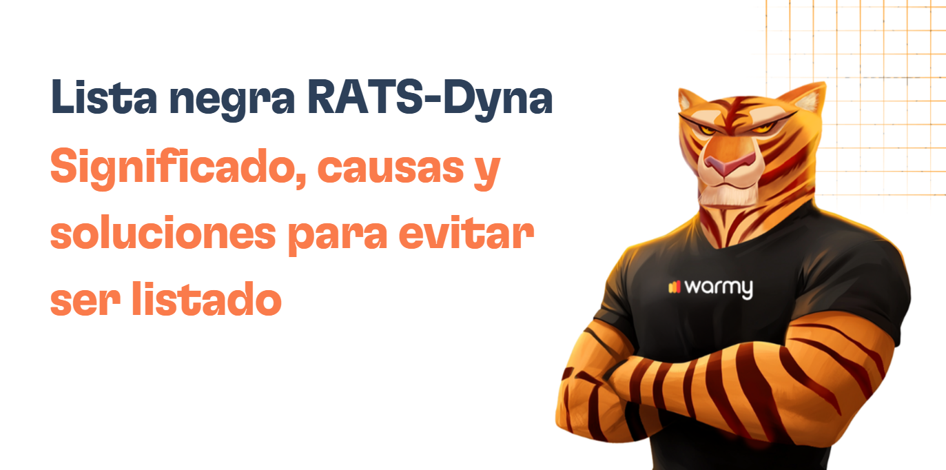 Illustration of an anthropomorphic tiger in a black warmy t-shirt, standing with crossed arms beside bold Spanish text explaining the Lista negra RATS-Dyna, its meaning, causes, and solutions to avoid being listed.