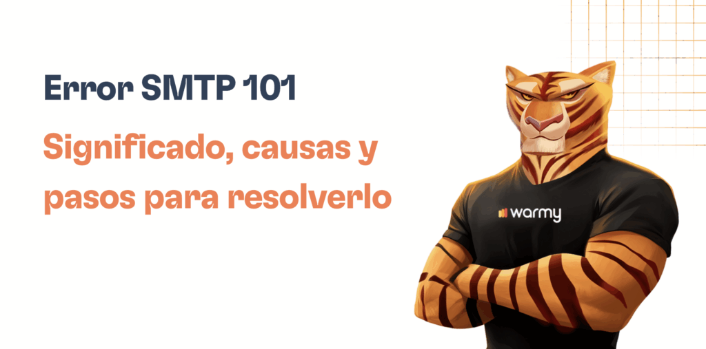 A muscular tiger character in a black warmy shirt stands with arms crossed. Text reads: Error SMTP 101: Significado, causas y pasos para resolverlo on a white background with orange grid lines in the corner, highlighting the importance of Error SMTP 101.