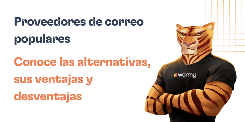 Proveedores de correo electrónico: Cuáles son los más populares y qué empresas los utilizan 13 Anthropomorphic tiger wearing a black warmy t-shirt stands with crossed arms. The text reads: Proveedores de correo electrónico populares como Gmail y Yahoo. Conoce las alternativas, sus ventajas y desventajas.