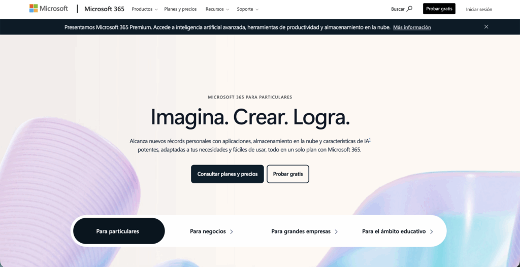 Screenshot of the Microsoft 365 website in Spanish, showing a banner with Imagina. Crear. Logra., buttons for consulting plans and a free trial, and a modern abstract background—comparable to other proveedores de correo electrónico like Google Workspace.