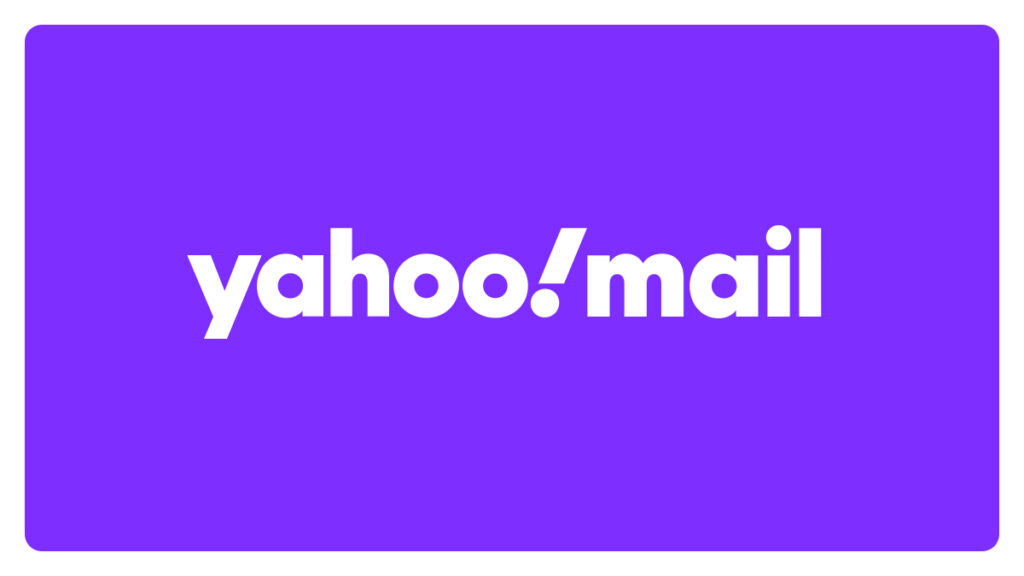 The image displays the Yahoo! Mail logo in bold white text on a solid purple background, distinguishing it from competitors like Gmail and Outlook.
