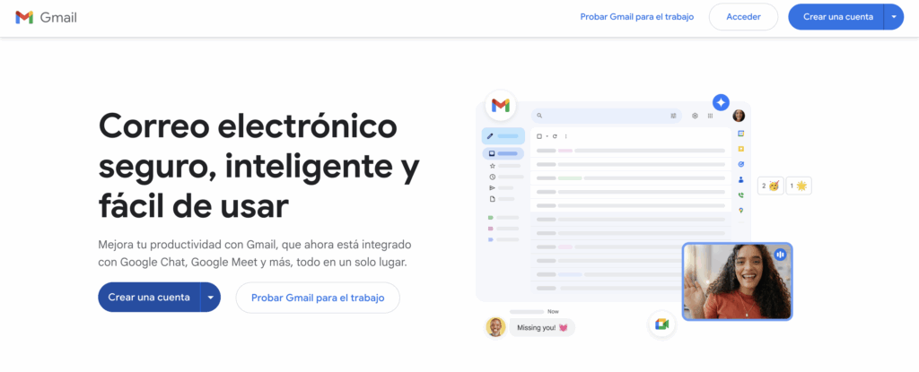 Página principal de Gmail en español, mostrando el lema “Correo electrónico seguro, inteligente y fácil de usar” con imágenes de interfaz y videollamada, destacando a Gmail como uno de los principales proveedores de correo electrónico frente a Yahoo.