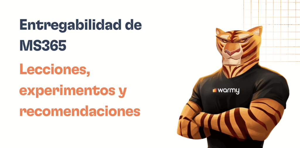 Cómo evitar los bloqueos de correo electrónico: Lecciones sobre la entregabilidad de MS365 2 A muscular tiger character wearing a black warmy t-shirt stands with crossed arms beside the text: Entregabilidad de MS365—lecciones, experimentos y recomendaciones, on a white background with an orange grid design.