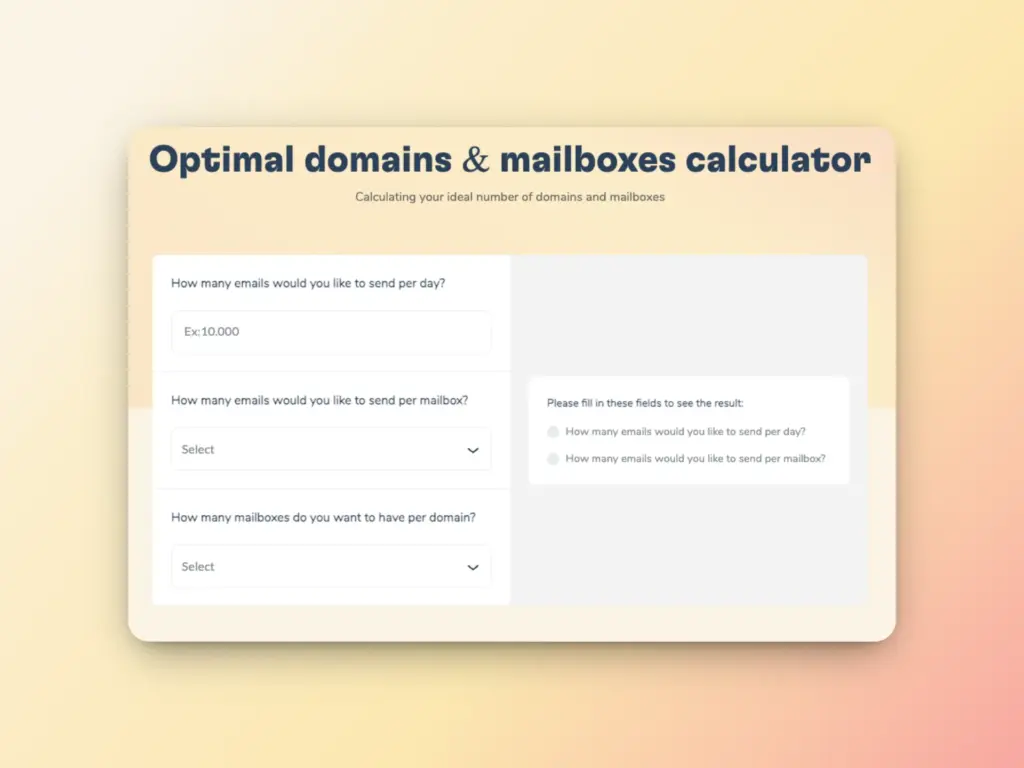 How to Solve Your Issues With Managing Multiple Mailboxes 4 A web interface titled Optimal domains & mailboxes calculator with input fields for emails sent per day, per mailbox, and mailboxes per domain—plus clear instructions for managing multiple mailboxes effectively.