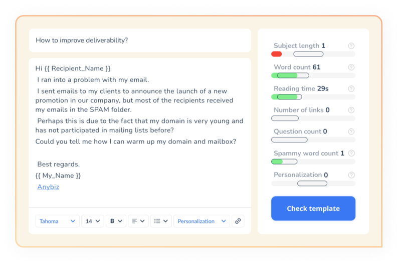 A screenshot of an email template analysis tool. The email asks about improving deliverability, and the tool displays metrics for subject length, word count, reading time, links, questions, and spam score beside a “Check template” button.