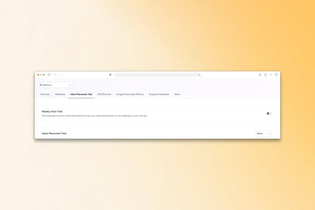 A computer screen shows a browser window open to an email monitoring dashboard with tabs like Overview, Mailbox, Inbox Placement Test, and DNS Records, highlighting key Warmy features against a yellow-orange gradient background.