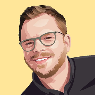 A digital illustration of a smiling man with short light brown hair, a beard, and glasses, wearing a dark shirt against a solid yellow background.