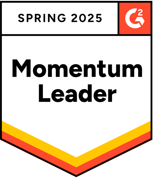 A digital badge with the G2 logo, labeled “Spring 2025 Momentum Leader.” The badge features red, yellow, and orange stripes along the bottom edge.