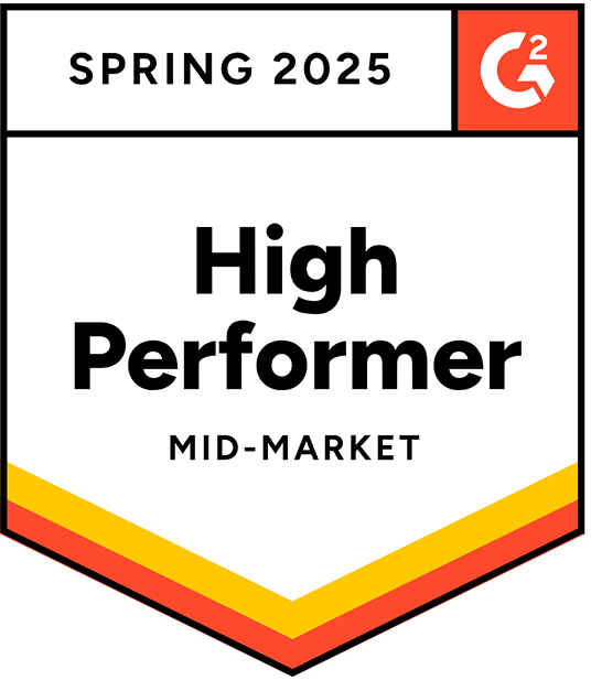 A badge labeled High Performer Mid-Market for Spring 2025, with the G2 logo in the top right corner and yellow, orange, and red stripes along the bottom edge.