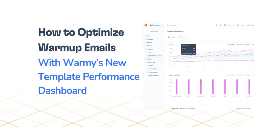 How to Optimize Warmup Emails With Warmy’s New Template Performance Dashboard 2 A promotional graphic featuring the text How to Optimize Warmup Emails With Warmy’s New Template Performance Dashboard, alongside a screenshot displaying the Template Performance Dashboard with charts and graphs on email performance.