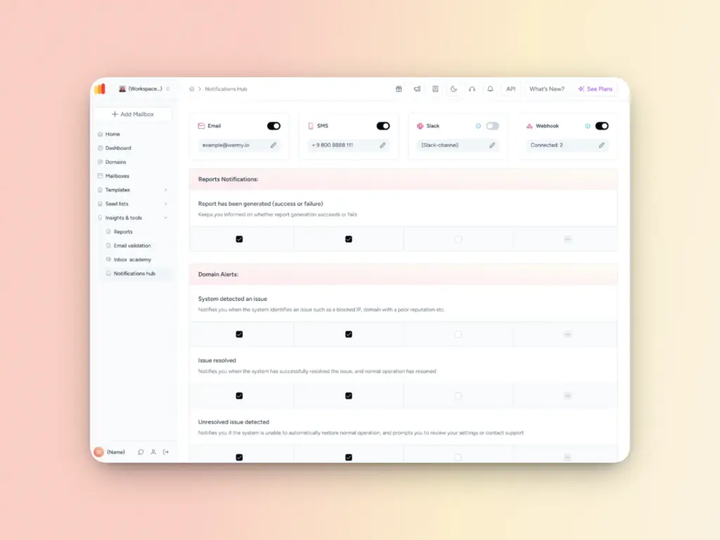 A desktop screen displays a notification settings interface with options for Email, SMS, Slack, and Webhook notifications—including email deliverability reporting—each with input fields and toggle switches on a light gradient background.