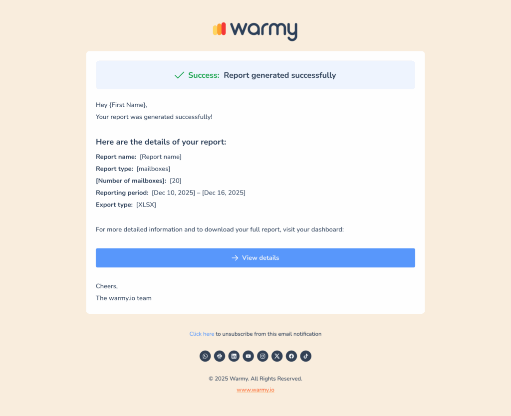 An email from Warmy showing a successful email deliverability reporting message, report details like type, number, period, and a blue View details button, with unsubscribe and copyright info at the bottom.