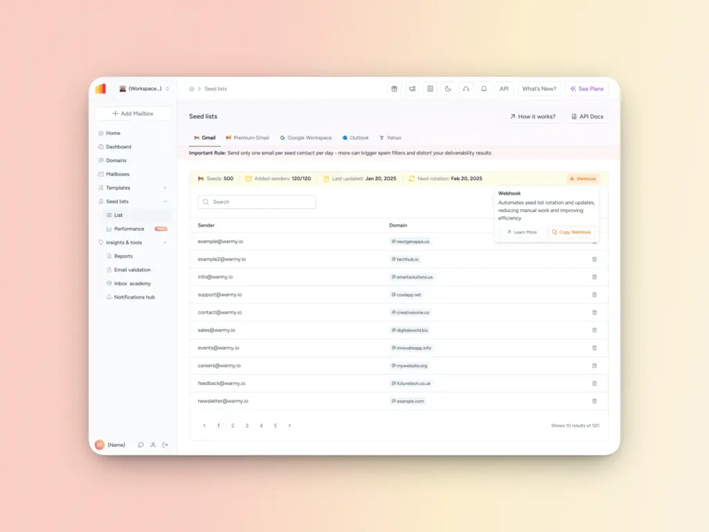 Warmy optimiza las listas semilla con nuevas estadísticas de rendimiento 2 A computer screen displays a web dashboard showing a list of seed email addresses, their domains, and a notification alert about deliverability and seed sets. The interface has menus on the left and tabs at the top.