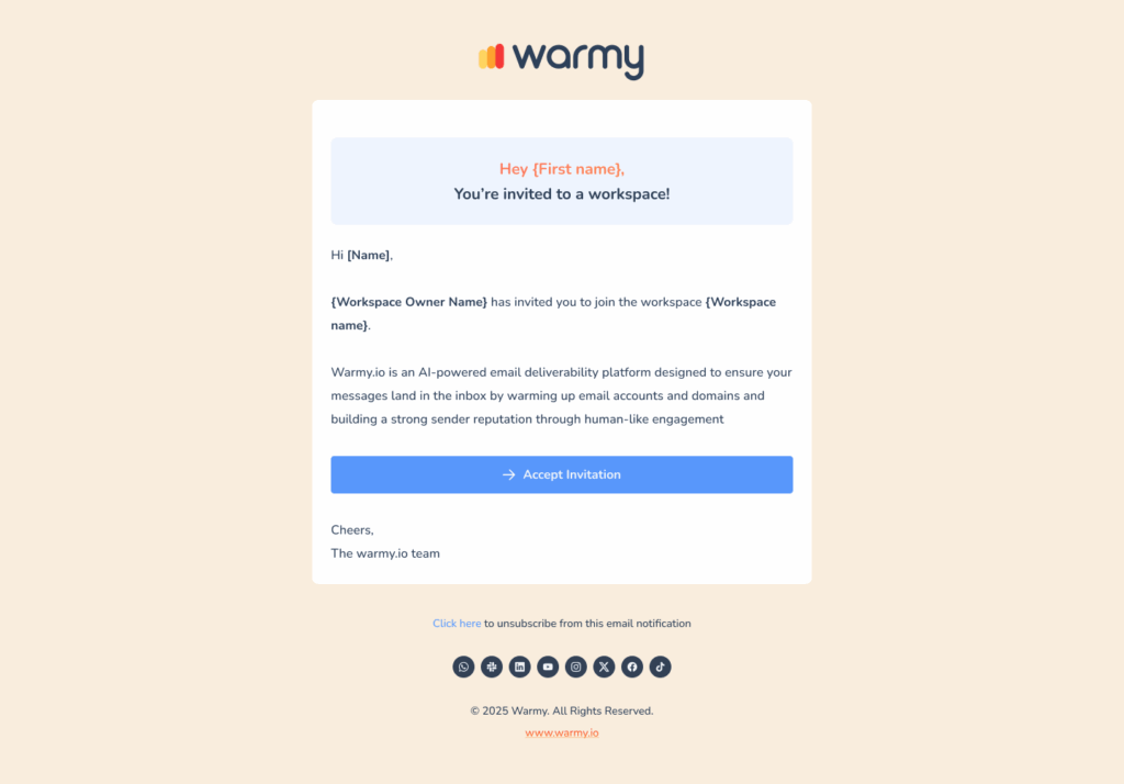 Email invitation from Warmy, featuring a blue “Accept Invitation” button and placeholder text for recipient and workspace details. The background is beige with the Warmy logo at the top and footer links below.