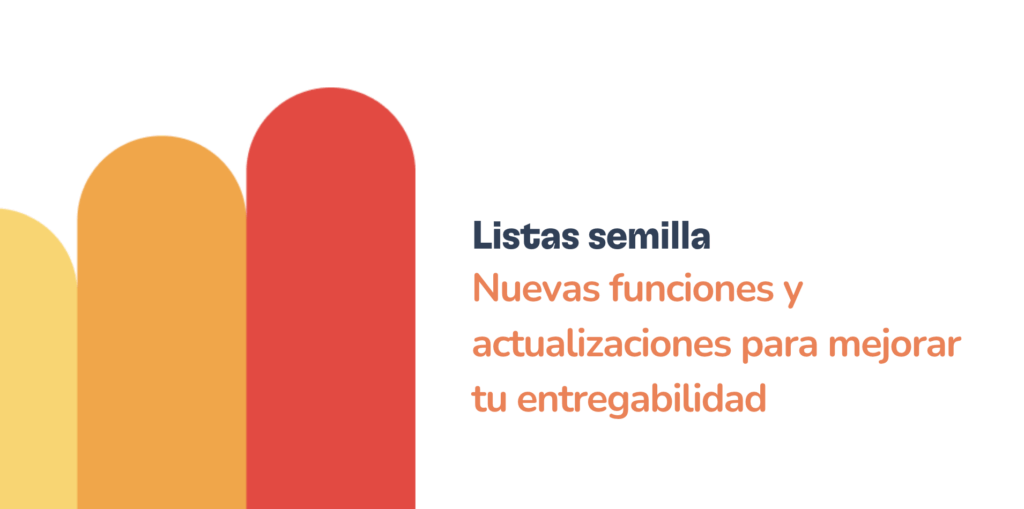 Warmy optimiza las listas semilla con nuevas estadísticas de rendimiento 5 Gráficos de barras redondeadas en amarillo, naranja y rojo a la izquierda, con el texto: Listas semilla. Estadísticas de rendimiento, nuevas funciones y actualizaciones para mejorar tu entregabilidad sobre fondo blanco.