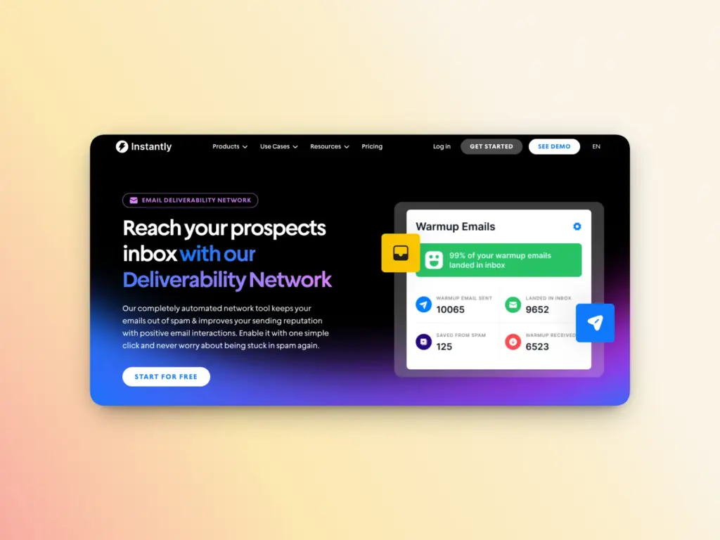 A web page for Instantly highlights a headline about reaching prospects’ inboxes with their Deliverability Network, showcases the best email warmup tools, features a signup button, and displays warmup email statistics on a dark gradient background.